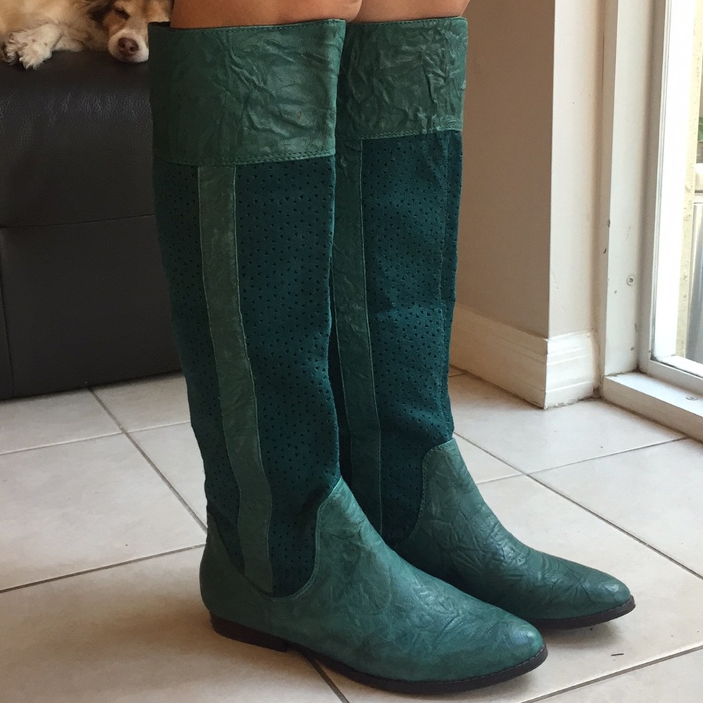 Knee high teal leather boots